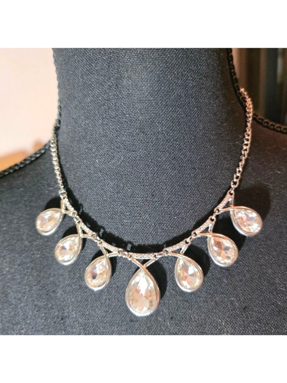 Crystal Teardrop Necklace Silver-Tone Chain Adjustable Womens Jewelry
